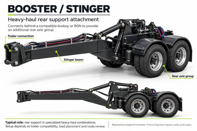 Reference equipment sheet showing a tandem-axle booster or stinger with trailer connection, stinger beam, and rear axle group callouts.