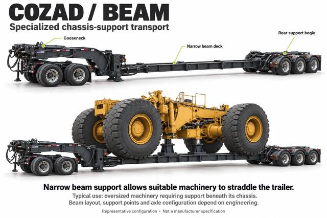 Reference equipment sheet showing an unloaded and loaded beam trailer configuration that supports machinery beneath its chassis.