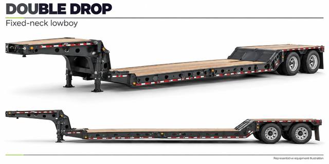Reference equipment sheet showing a fixed-neck Double Drop trailer in three-quarter and side views.