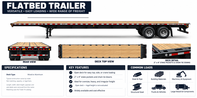 Reference illustration of a flatbed trailer with rear, top, and deck-detail views.