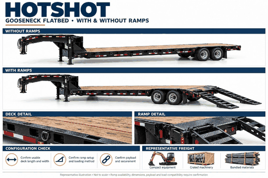 Reference illustration of a hotshot trailer with and without loading ramps, plus deck and ramp detail views.