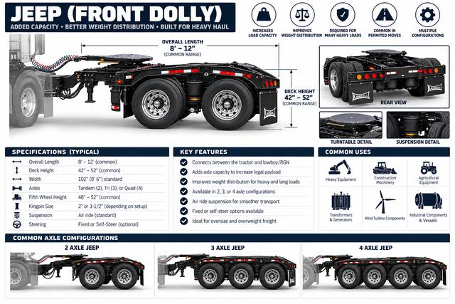 Reference equipment sheet showing a two-axle jeep positioned between a heavy-haul tractor and trailer, with separate configuration views.