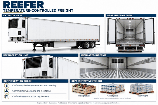 Reference equipment sheet showing exterior and interior views of a refrigerated trailer.