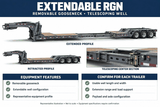 Reference illustration of an extendable removable gooseneck trailer with retracted, extended, and telescoping-well views.