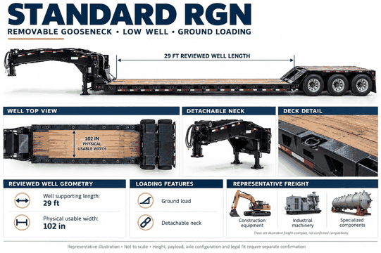 Reference illustration of a standard removable gooseneck trailer with reviewed well and loading callouts.