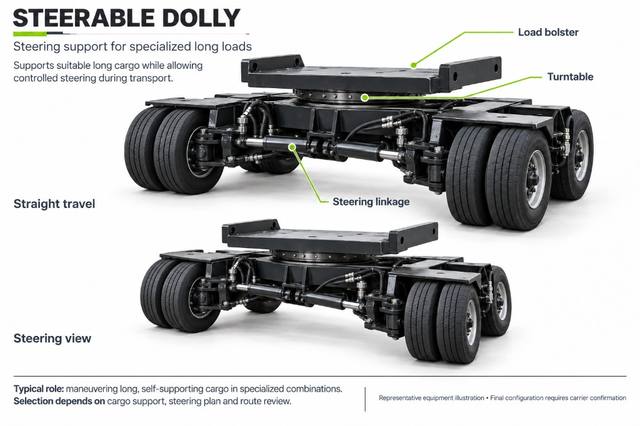 Reference equipment sheet showing a steerable heavy-haul dolly in straight-travel and steering views with load bolster, turntable, and steering linkage callouts.