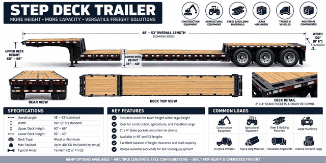 Reference illustration of a step deck trailer with rear, top, and deck-detail views.