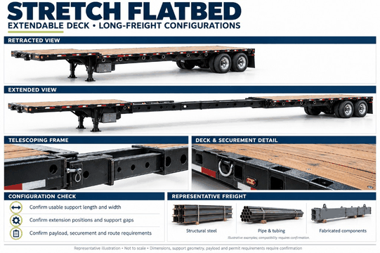 Reference equipment sheet showing a stretch flatbed trailer retracted and extended.